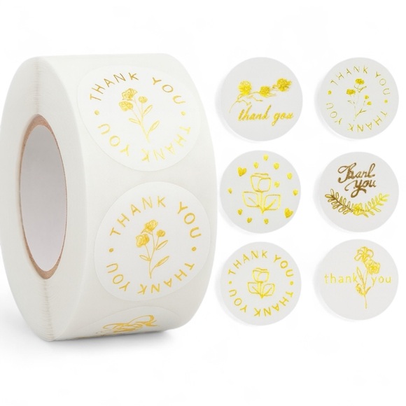 Gold Foil Thank You Sticker, Glitter Gold Floral Labels Stickers 1" round - Picture 1 of 5